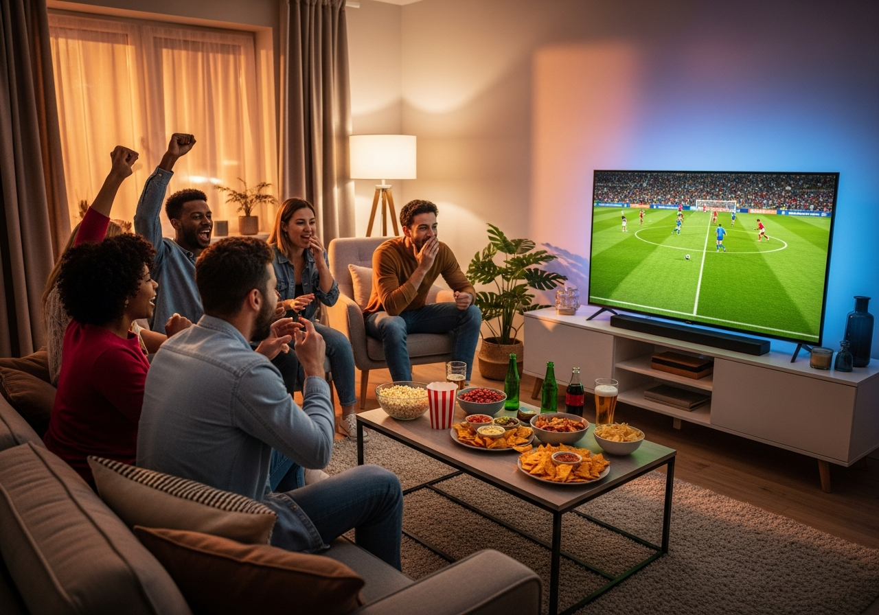 Amis regardant un match à la télévision